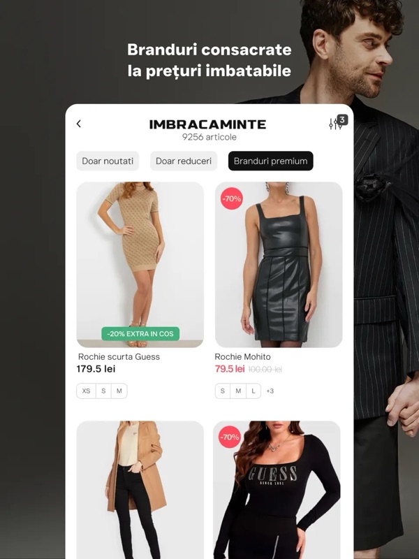 Captură din aplicația OutletMAG — categoria Imbracaminte cu reduceri